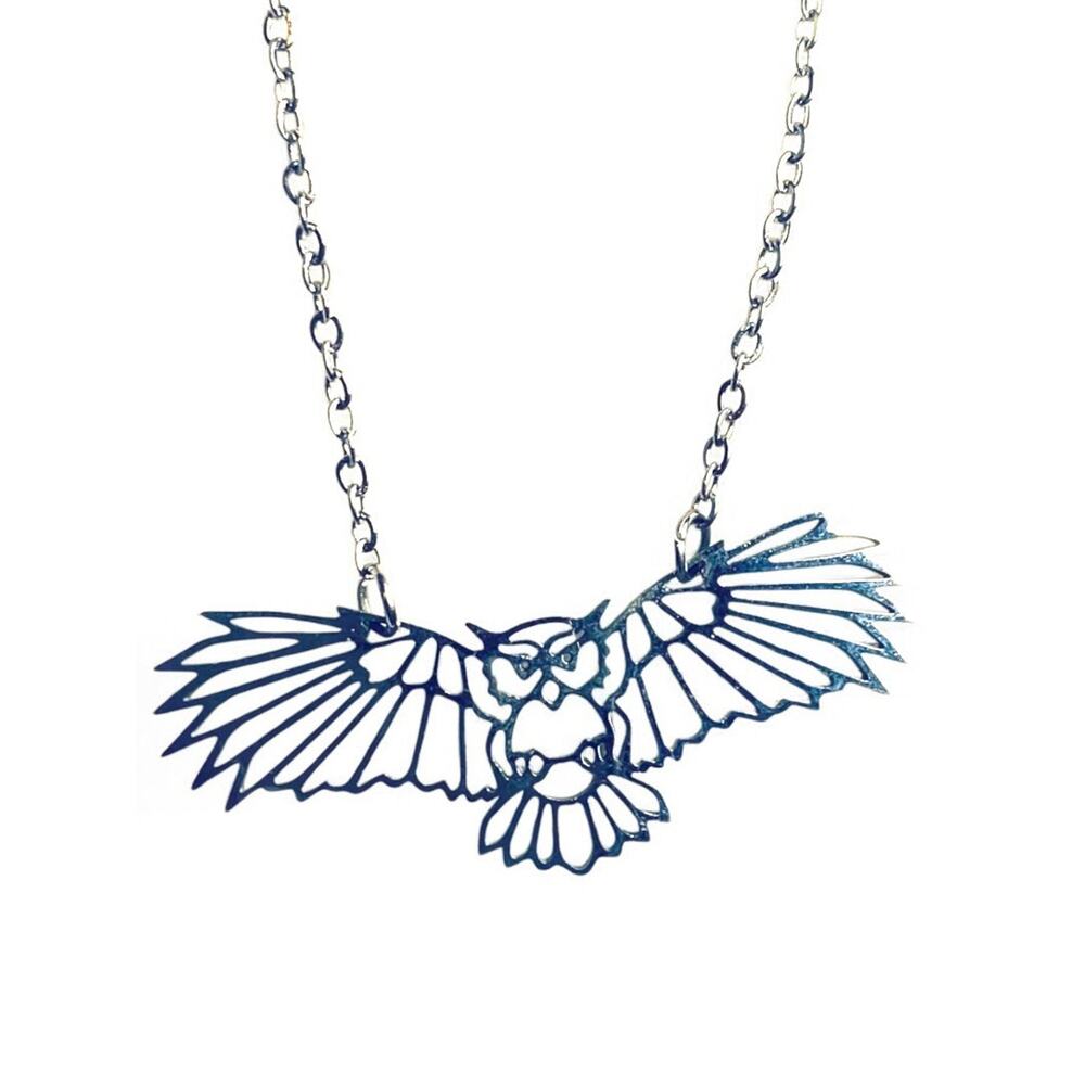 Silvertone Flying Owl Pendant Lasercut 18 Inch
